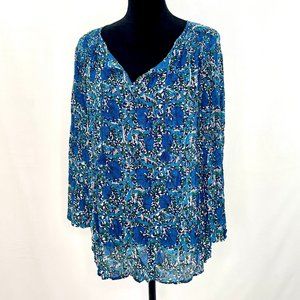 Liz Claiborne Rayon Teal & Royal Blue floral blouse Long Sleeve Large TALL